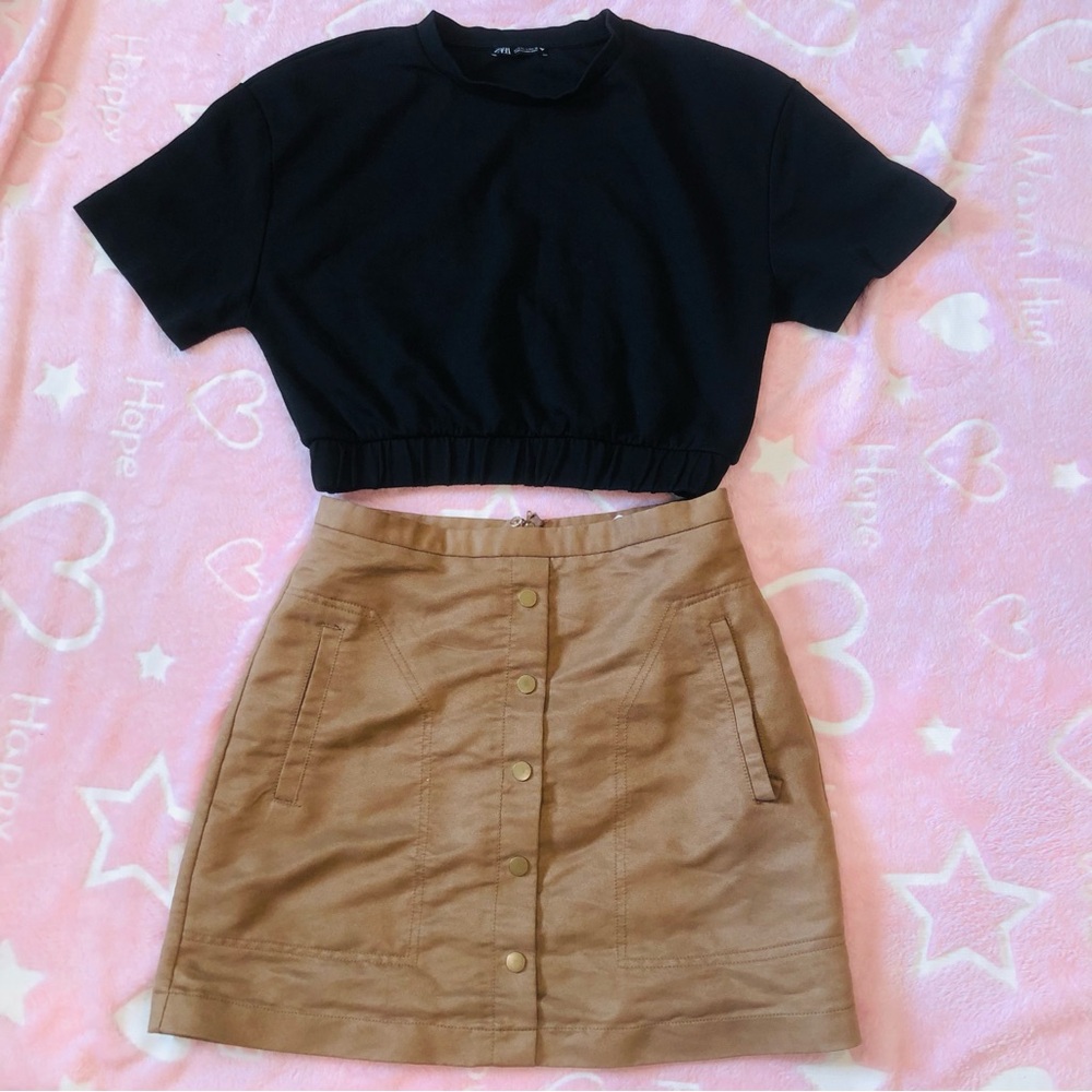 H&M Begie/Tan Suede Mini Skirt Women Size 8 and Zara Black Crop Top Women Size L